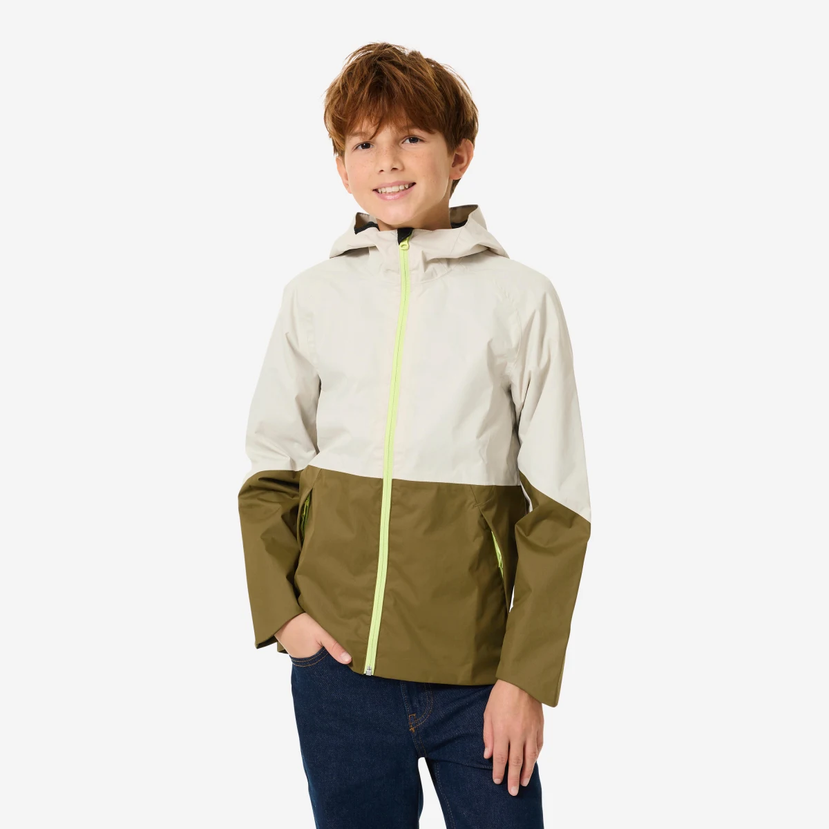 QUECHUA Detská nepremokavá turistická bunda MH500 7-15 r. béžová 14-15 r (161-172 cm) · záber 1