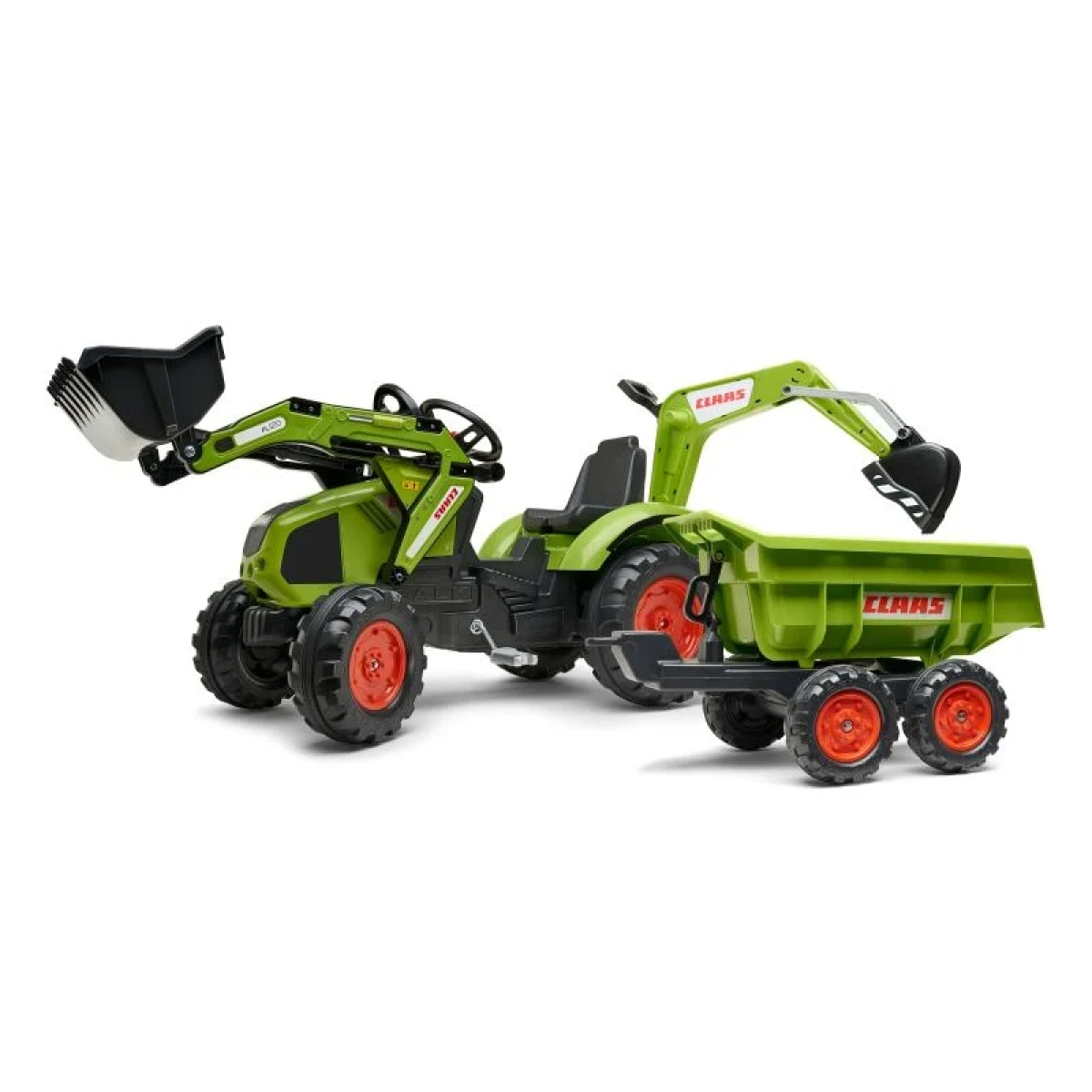 Falk Šlapací traktor 1010W Claas Axos s nakladačem, rypadlem a vlečkou · záber 1