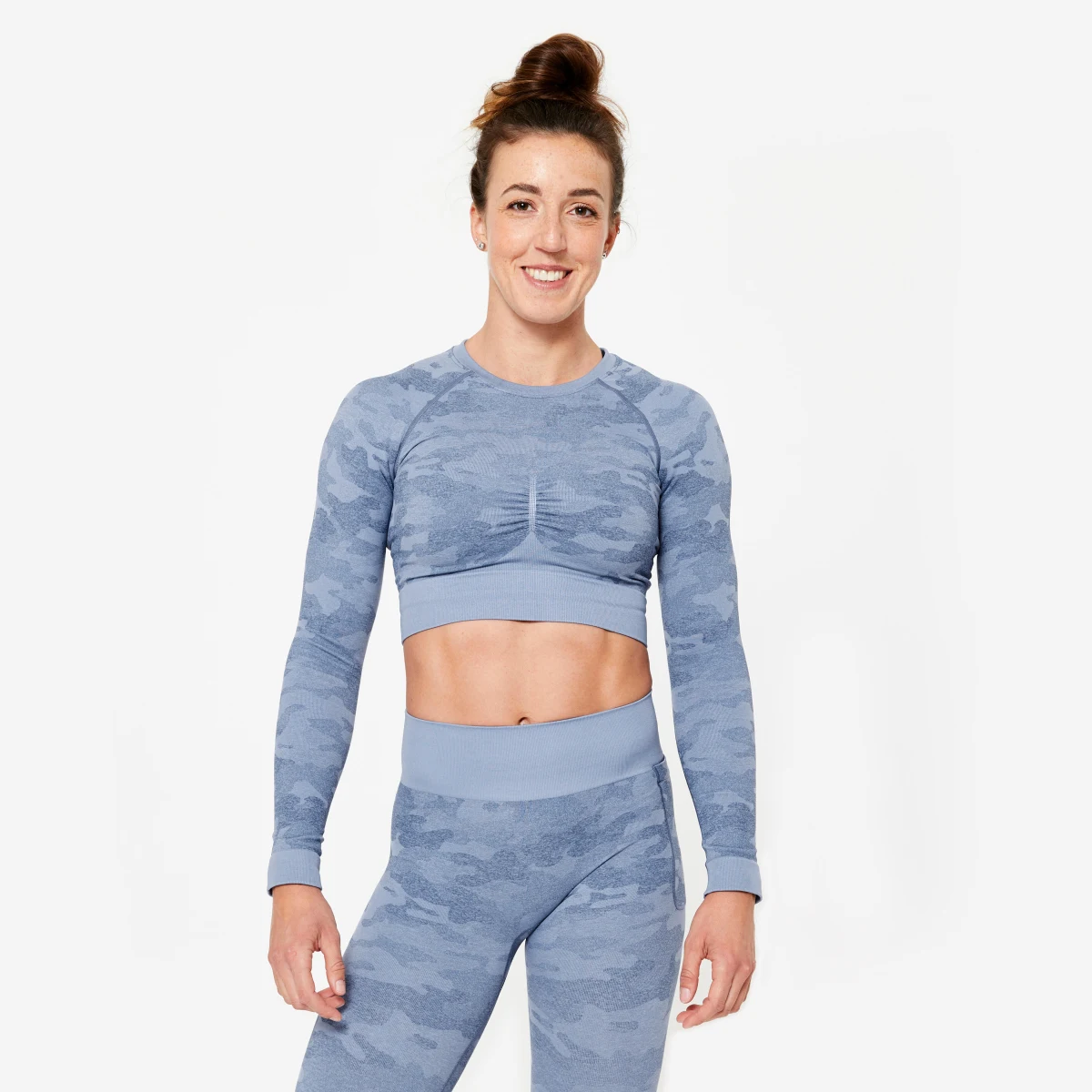 DOMYOS Dámske crop top tričko s dlhými rukávmi modré XL · záber 1