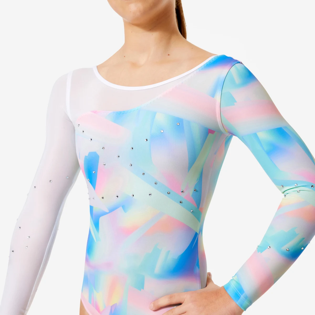 DOMYOS Gymnastický trikot s dlhými rukávmi biely 7-8 r (123-130 cm) · záber 2