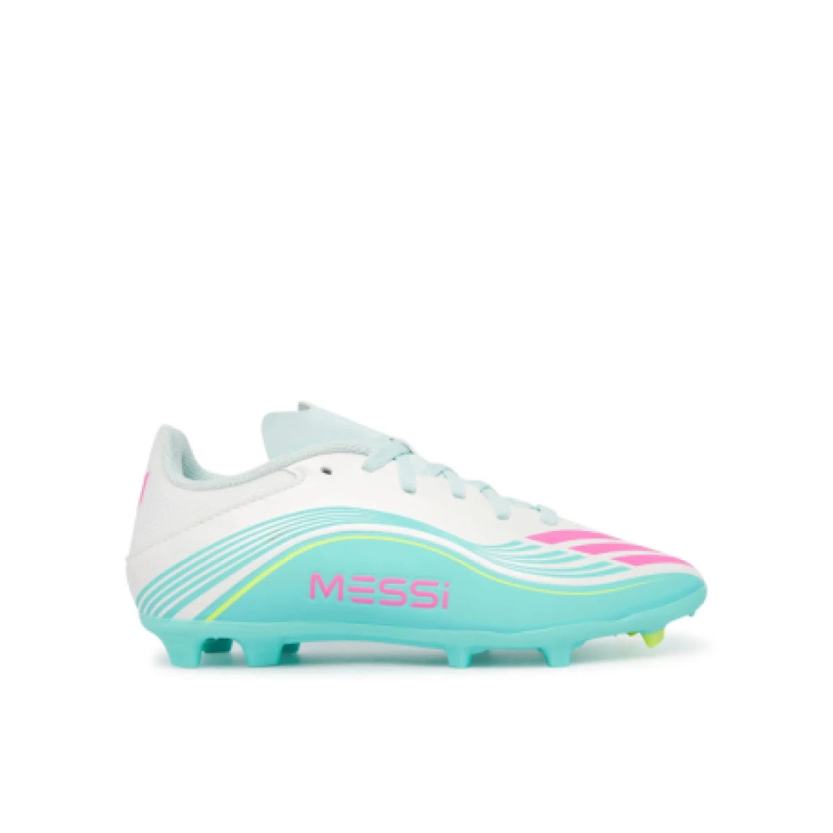 Chlapčenské futbalové kopačky outdoorové ADIDAS F50 Messi Club Jr FG MG cloud white lucid pink flash aqua · záber 1