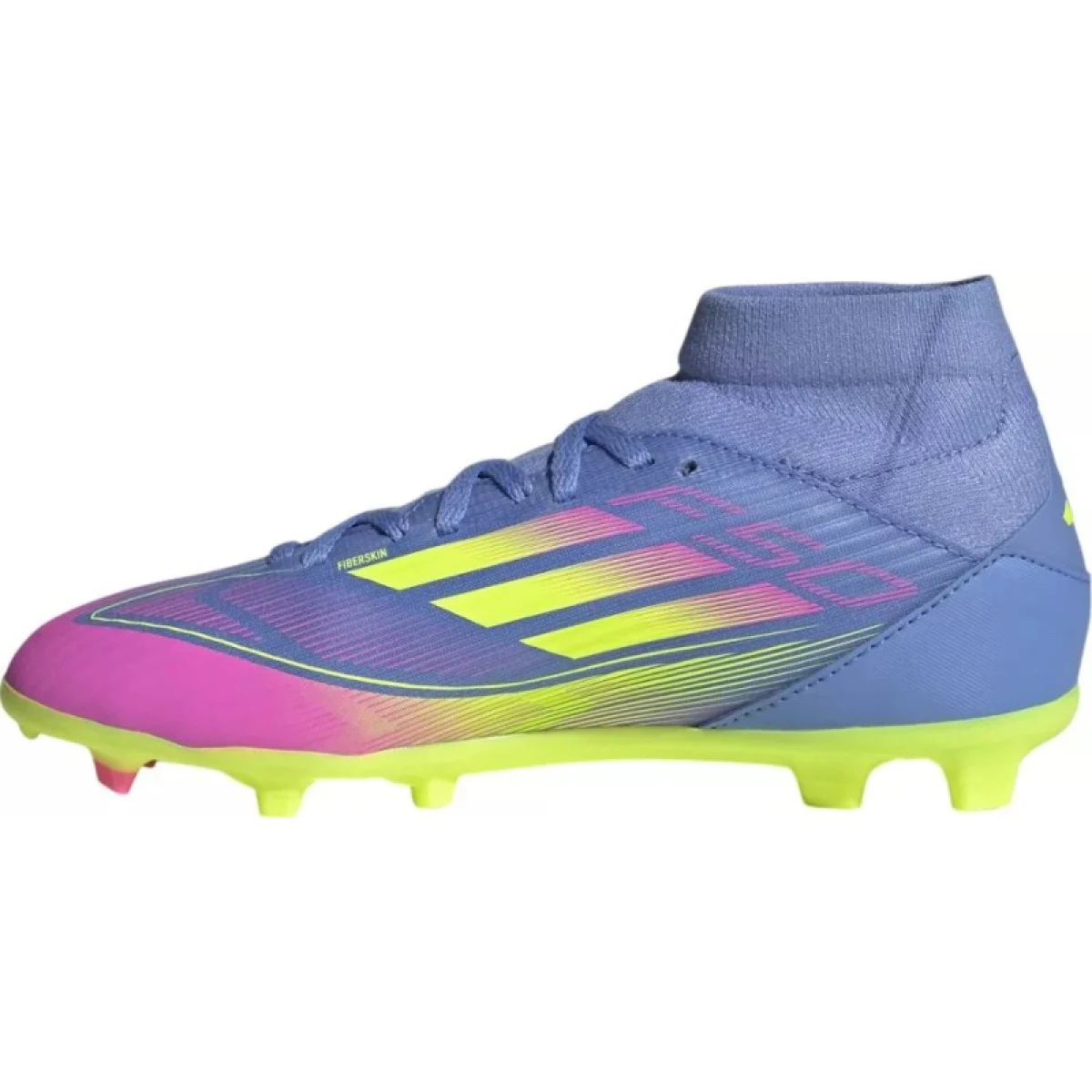 Chlapecké fotbalové kopačky outdoorové ADIDAS F50 League Mid Jr FG MG blue fusion lucid lemon lucid pink · záber 2