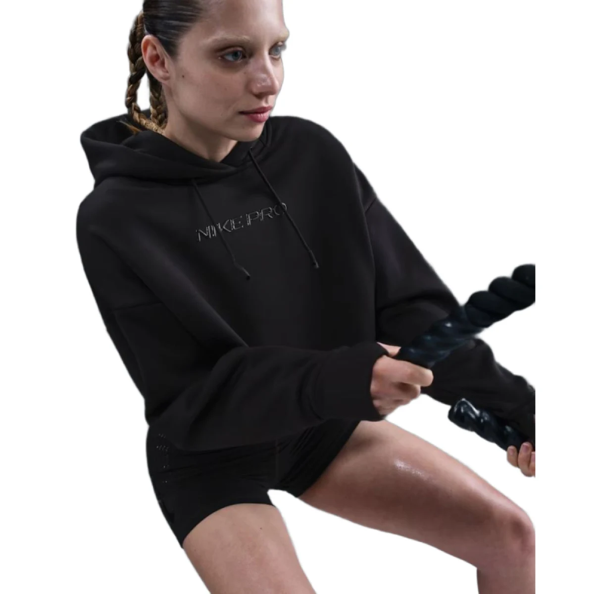 Dámska tréningová mikina s kapucňou NIKE PRO W NP TF FLC HOODIE GG GRX BLACK WHITE · záber 3