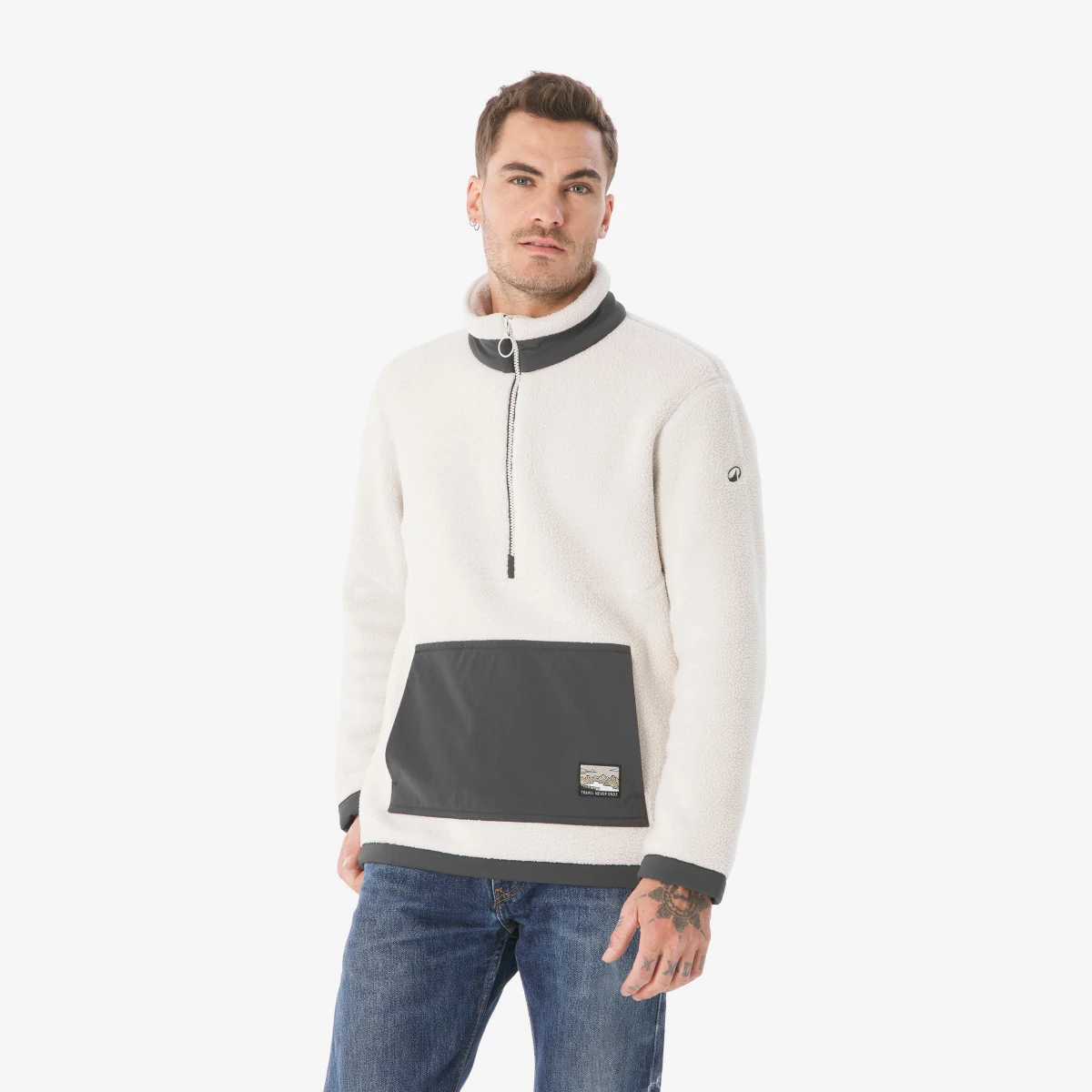QUECHUA Pánska turistická mikina MH100 sherpa 1/2 zips béžová M · záber 1