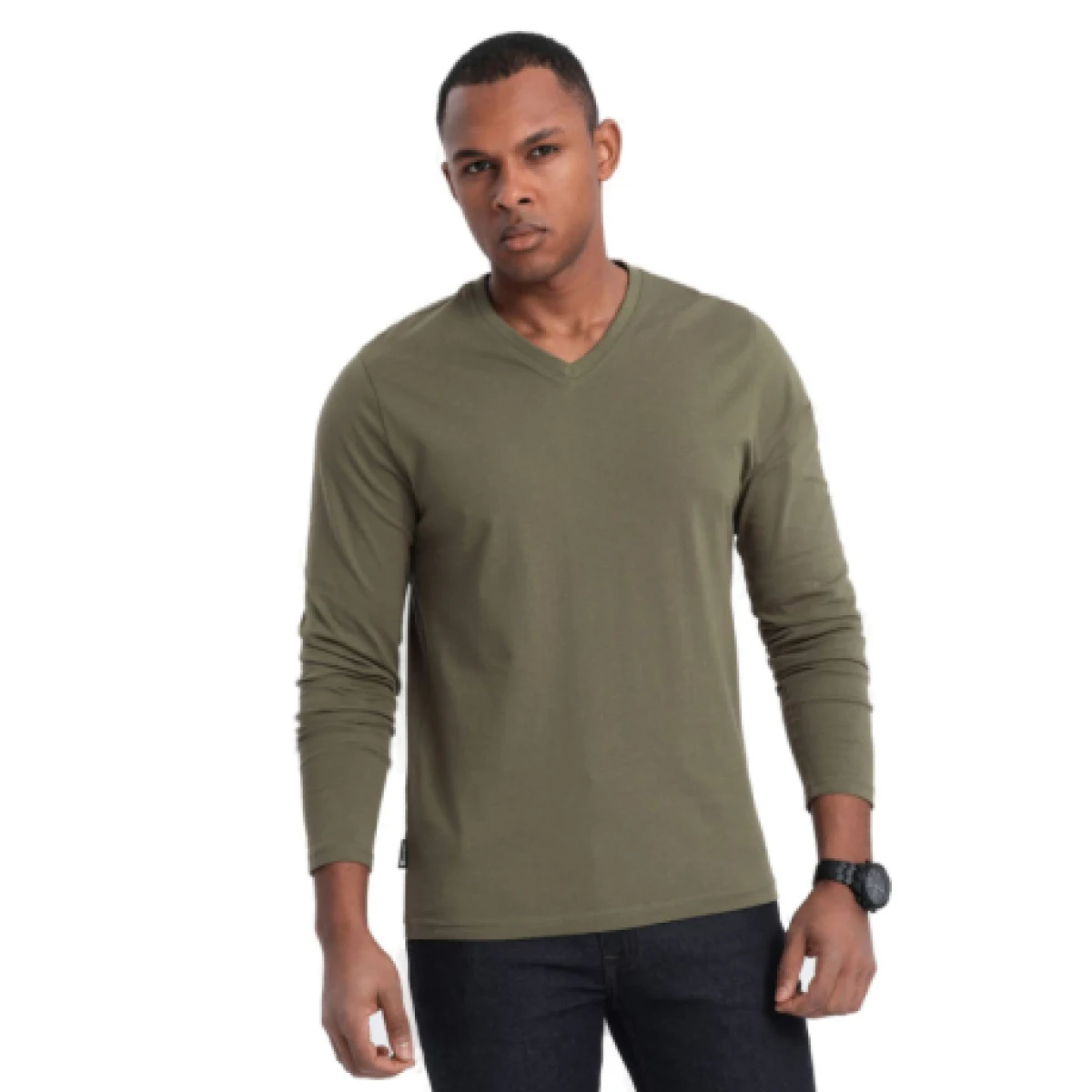 Pánske tričko s dlhým rukávom OMBRE Longsleeve OM-LSBL-0108 V-2 dark olive · záber 1