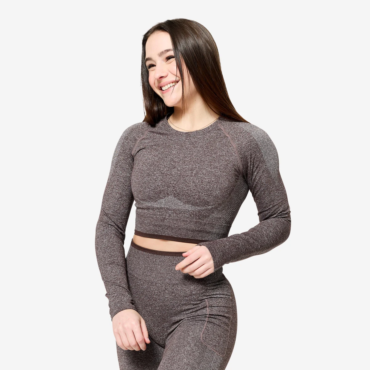 DOMYOS Dámsky fitness crop top s dlhými rukávmi hnedý XS · záber 1