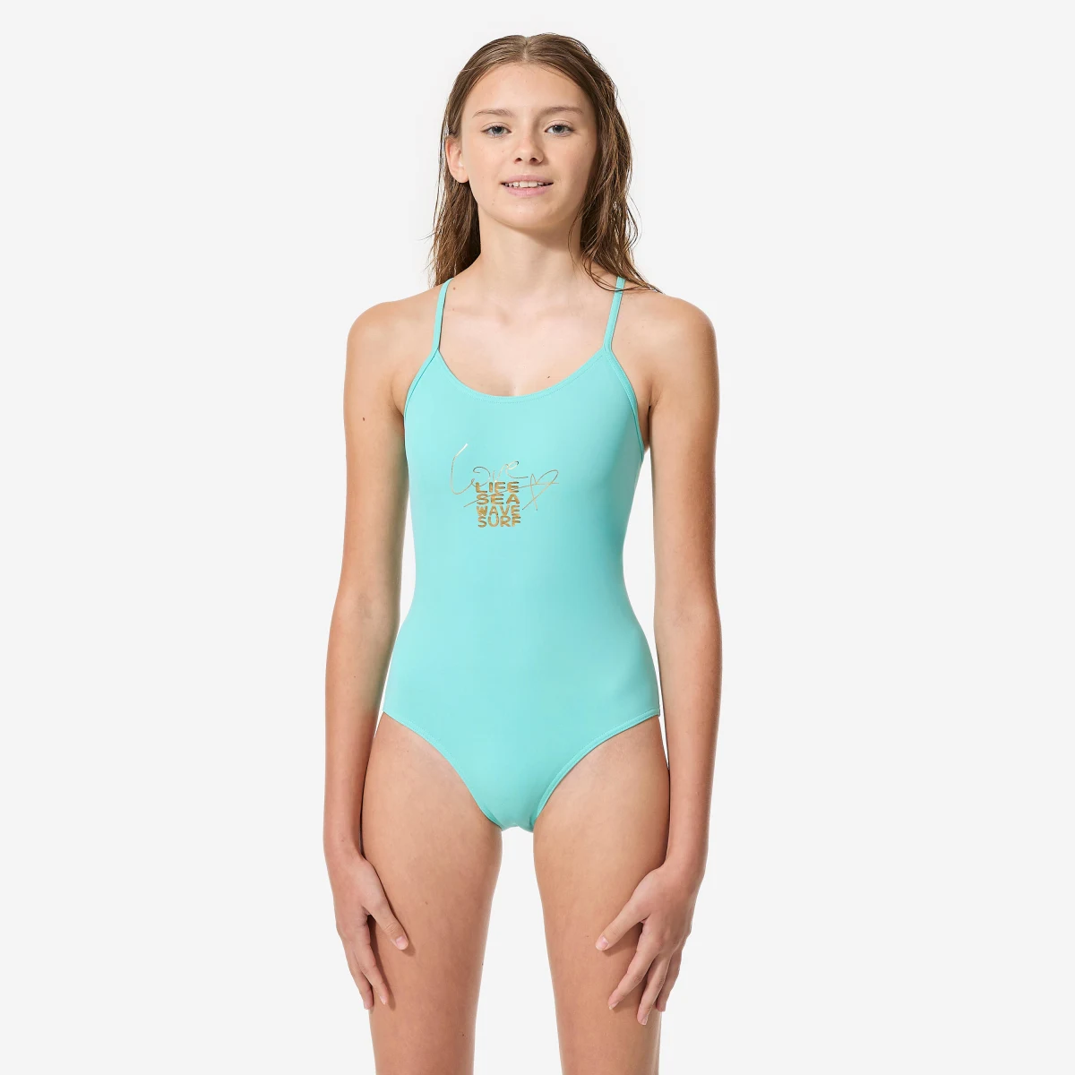 DECATHLON Dievčenské jednodielne plavky Hiloe Signature na surfovanie zelené 10-11 r (141-148 cm) · záber 1