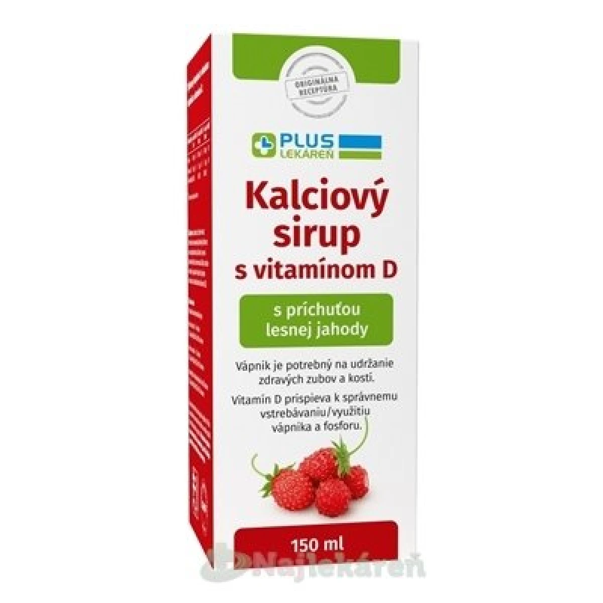 PLUS LEKÁREŇ Kalciový sirup s vitamínom D s príchuťou lesnej jahody 150 ml · záber 1
