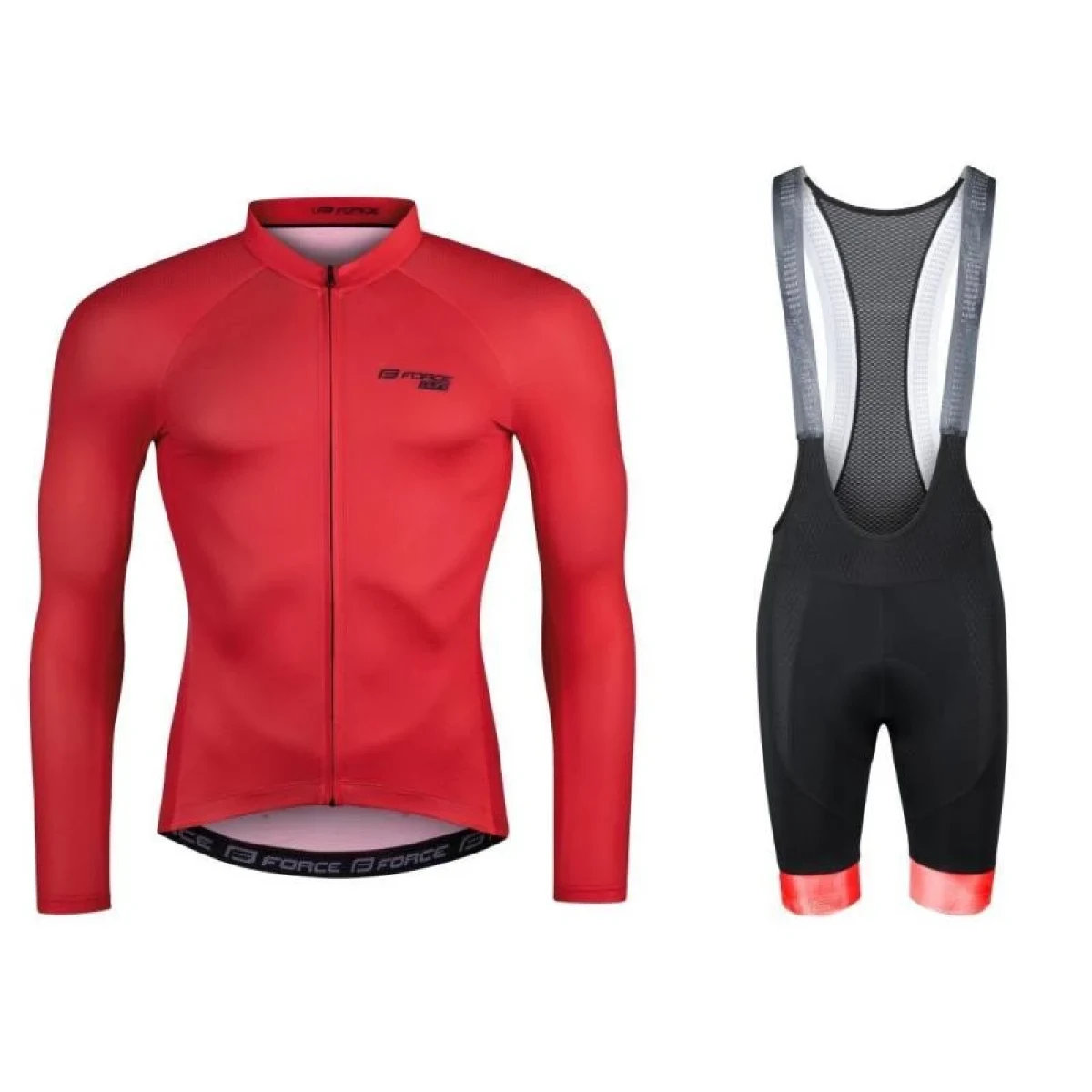 Force PURE červený cyklodres - dlouhý rukáv + Force STRIPE černo-červené cyklokraťasy · záber 1
