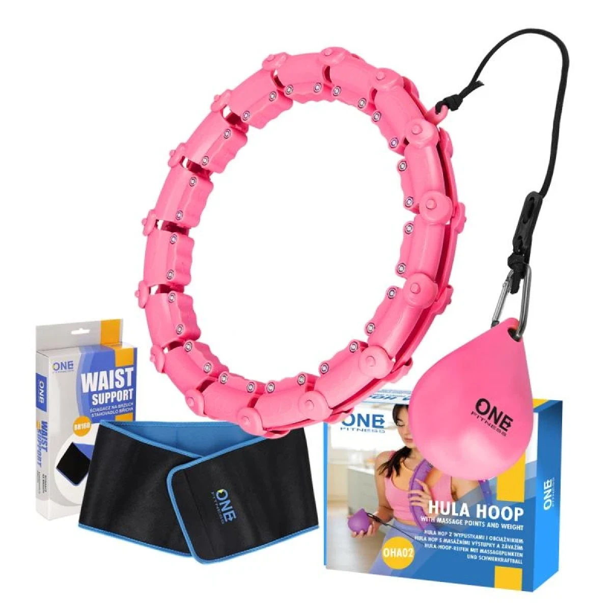 ONE FITNESS Sada masážní hula hoop OHA02 se závažím a zeštíhlujícího pásu BR160 růžová · záber 1