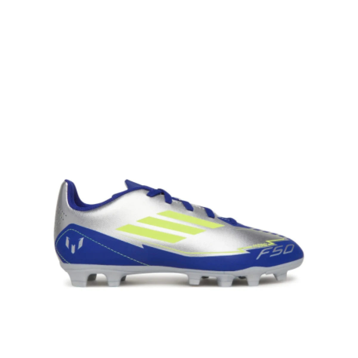 Chlapecké fotbalové kopačky outdoorové ADIDAS F50 Club Messi Jr FG silver metallic solar yellow lucid blue · záber 1