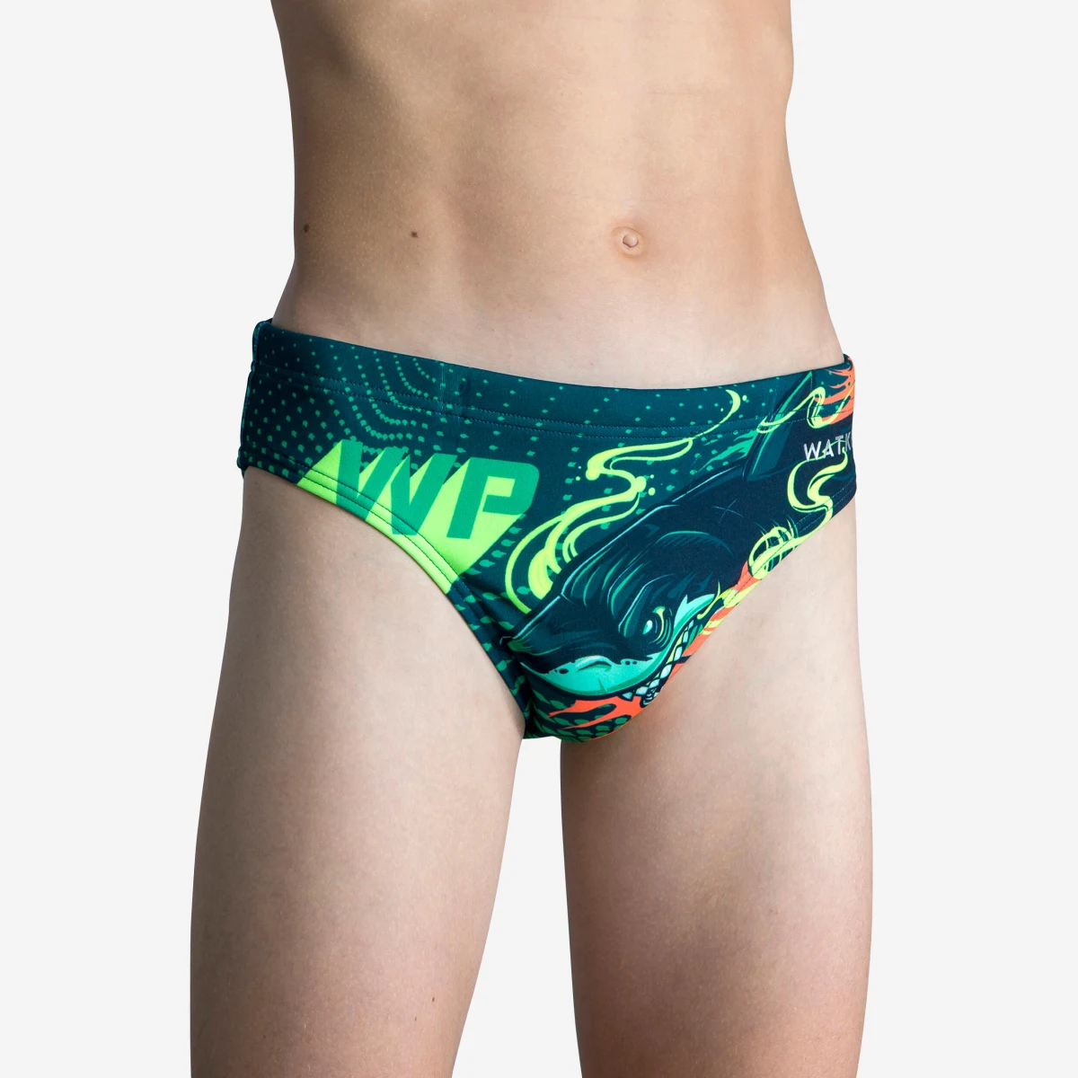 DECATHLON Chlapčenské slipové plavky na vodné pólo 500 Shark so vzorom 8-9 r (131-140 cm) · záber 1