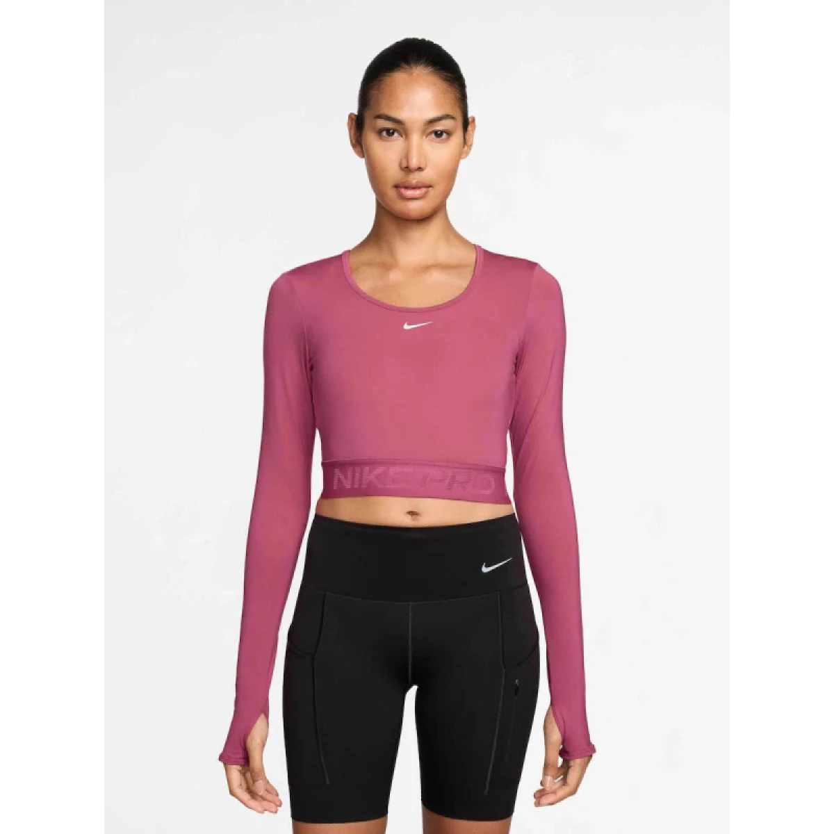 Dámské tréninkové tričko s dlouhým rukávem NIKE PRO W NP DF LS TOP GG SHINE SWEET BEET RUSH MAROON WHITE · záber 2
