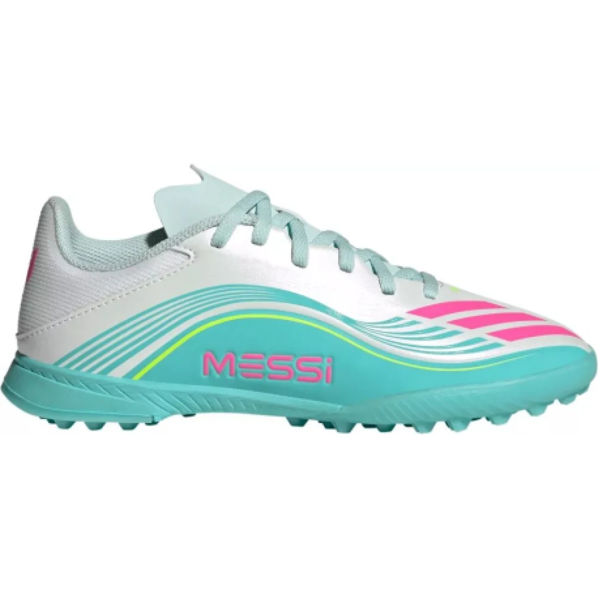 Chlapčenské futbalové kopačky turfy ADIDAS F50 Messi Club Jr TF cloud white lucid pink flash aqua · záber 1
