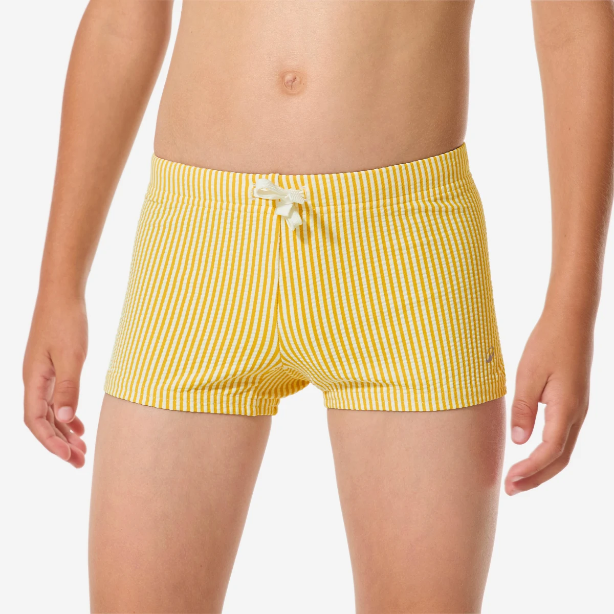 DECATHLON Chlapčenské boxerkové textúrované plavky Fiti pruhované žlté 5-6 r (113-122 cm) · záber 1