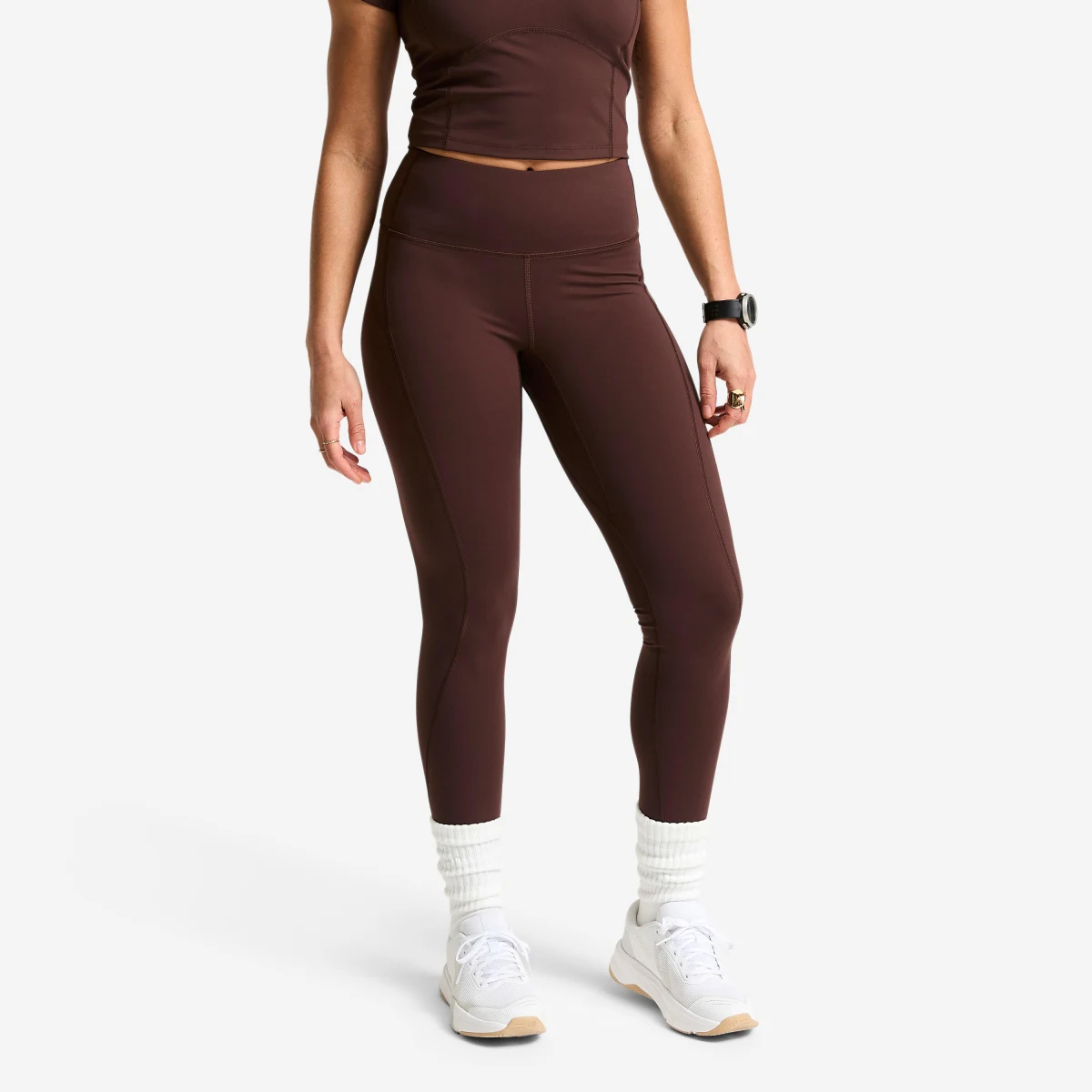DOMYOS Dámske tvarujúce fitness legíny Shape s vysokým pásom tmavohnedé XS - W26 L30 · záber 1