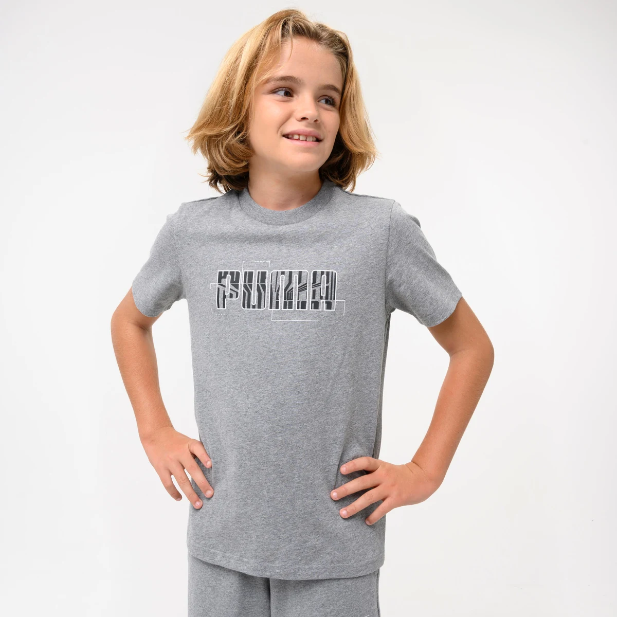 PUMA Detské bavlnené tričko s potlačou sivé 5-6 r (116 cm) · záber 1