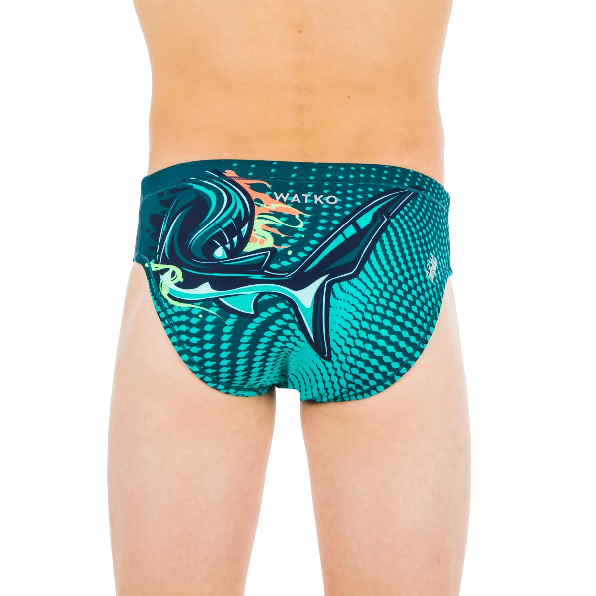 DECATHLON Chlapčenské slipové plavky na vodné pólo 500 Shark so vzorom 8-9 r (131-140 cm) · záber 2