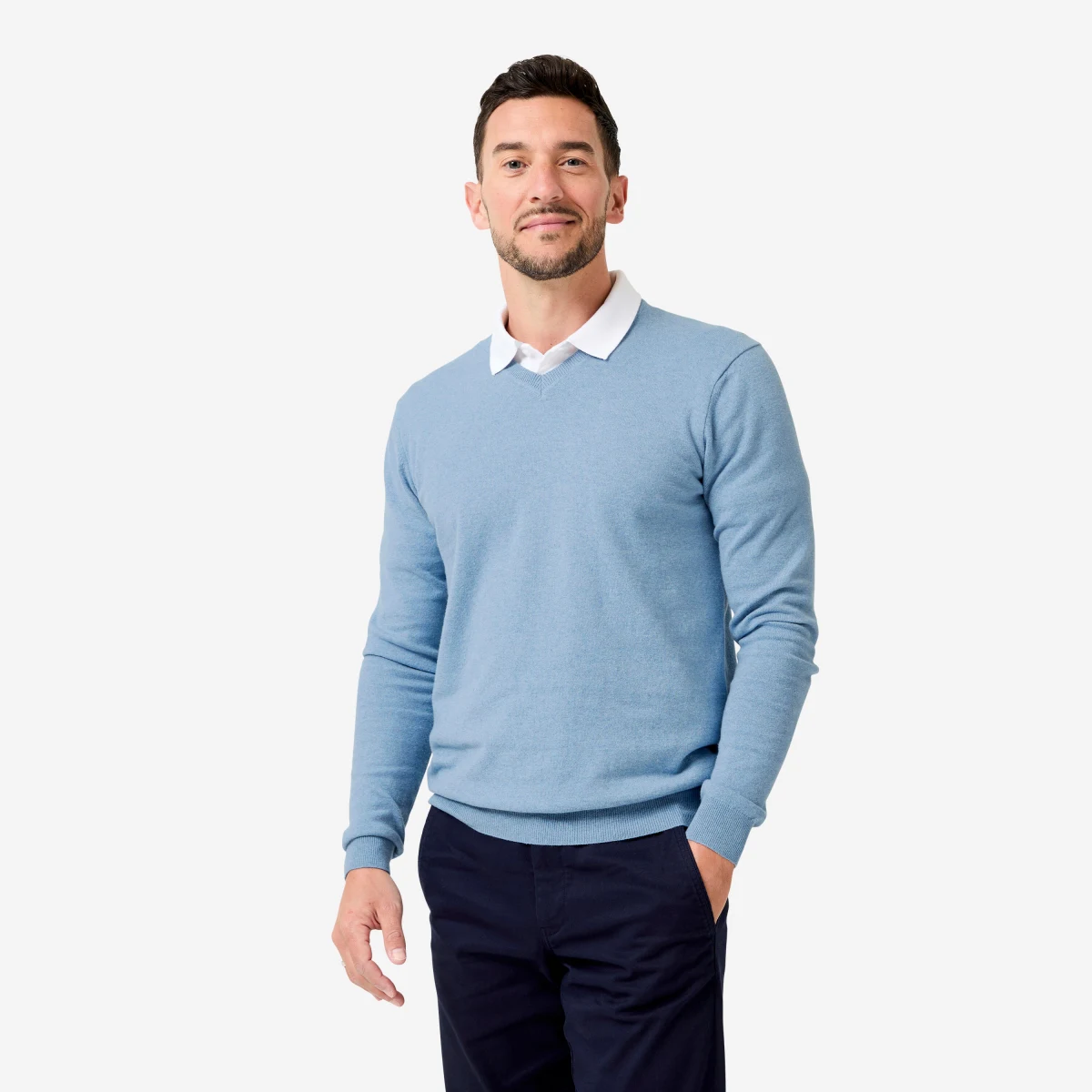 INESIS Pánsky golfový pulóver CW100 s výstrihom do V modrý S · záber 1