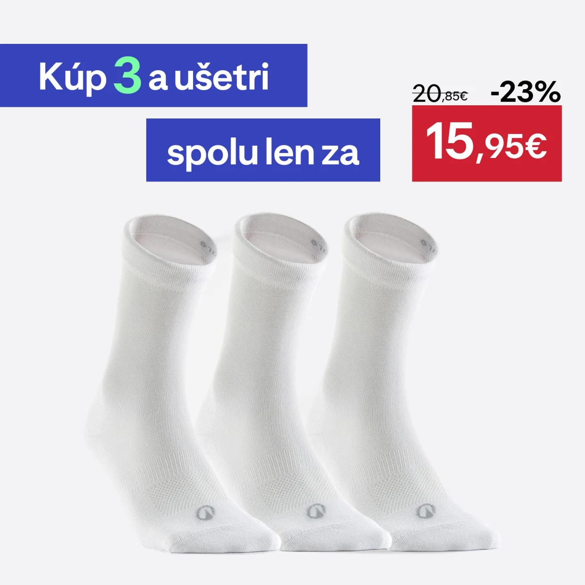 DECATHLON Športové ponožky RS 160 vysoké 3 páry biele 43-46 · záber 1