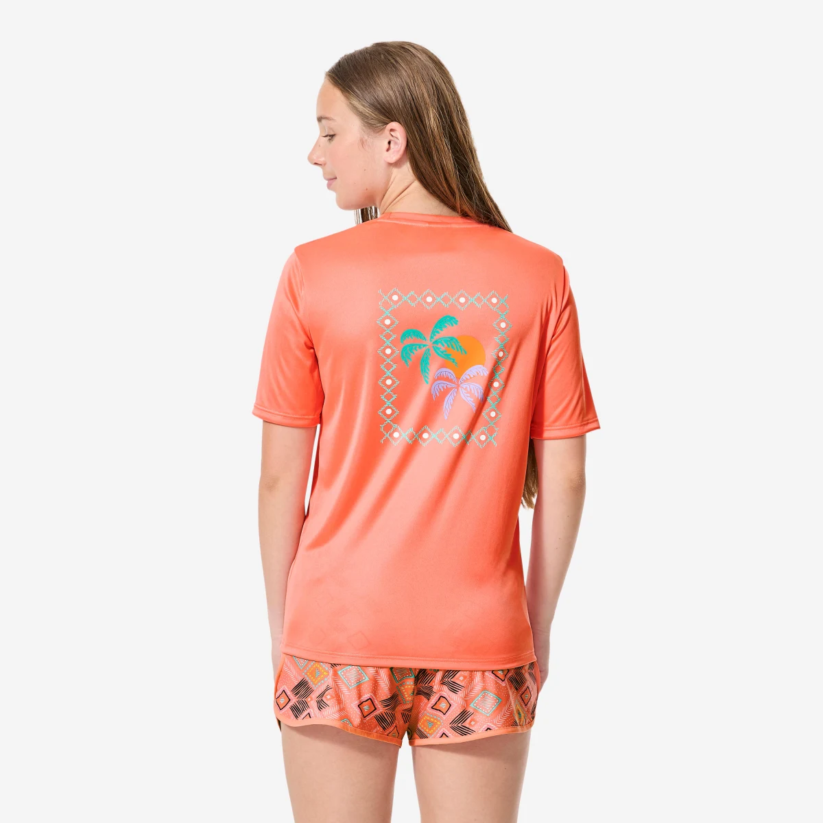 DECATHLON Detské tričko na surf s UV ochranou 100 Palms koralové 12-13 r (149-159 cm) · záber 1