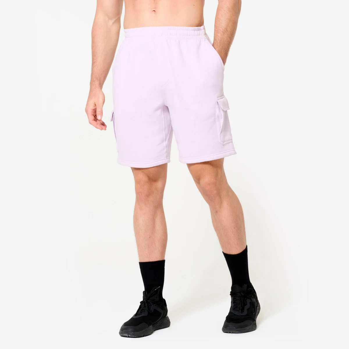 DOMYOS Pánske cargo šortky na fitness z moltonu fialové XL · záber 1