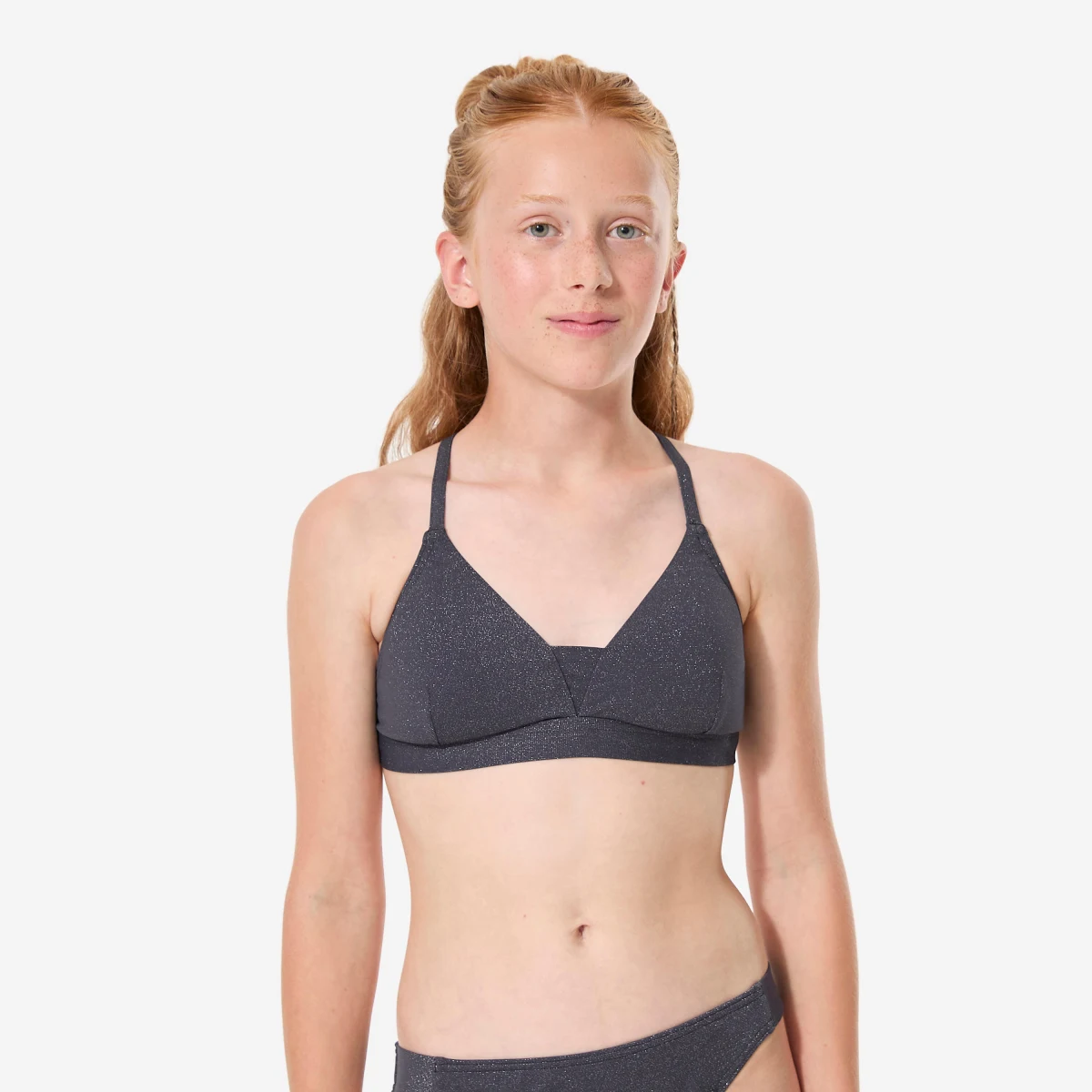 DECATHLON Vrchný diel dievčenských plaviek Lizy s prekríženými remienkami na surf čierny 8-9 r (131-140 cm) · záber 1