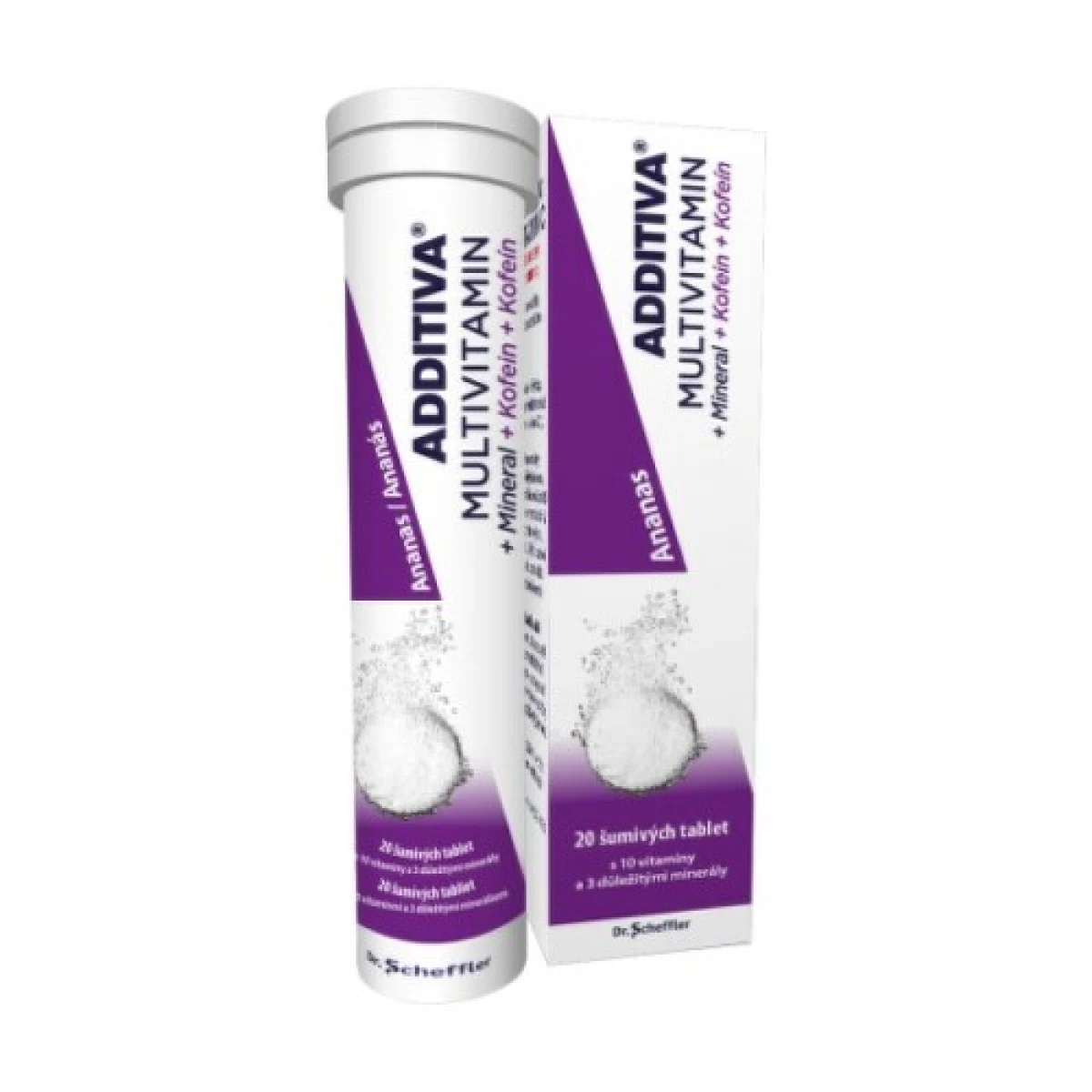 ADDITIVA Multivitamín + minerál + kofein, ananás 20 šumivých tabliet · záber 1