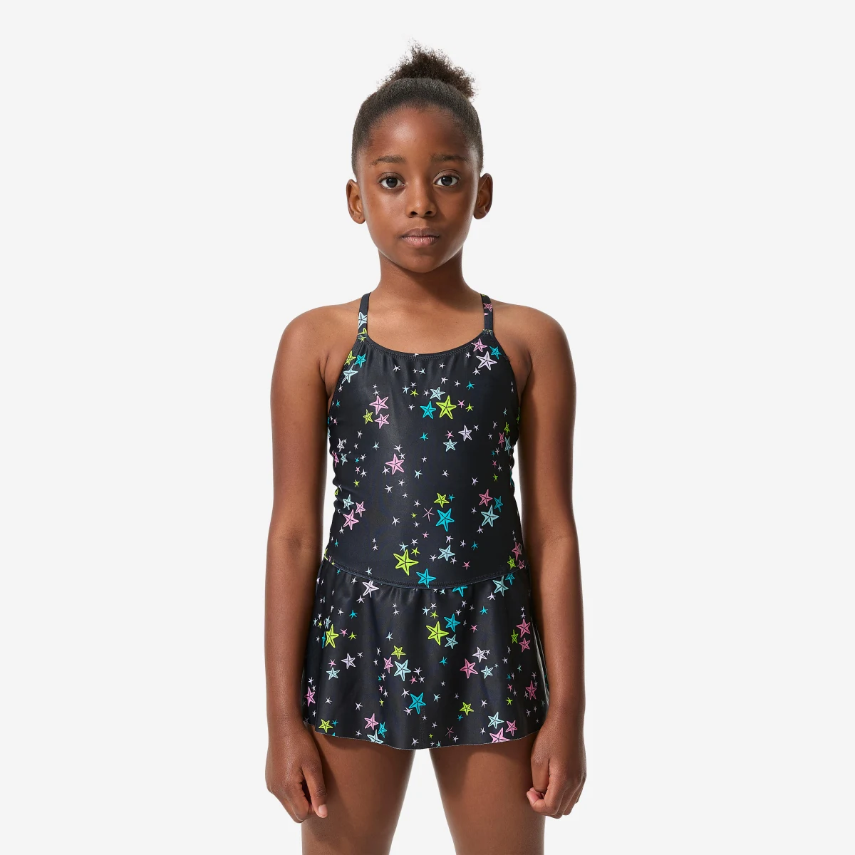 DECATHLON Jednodielne dievčenské plavky so sukničkou Lila Star čierne 7-8 r (123-130 cm) · záber 1