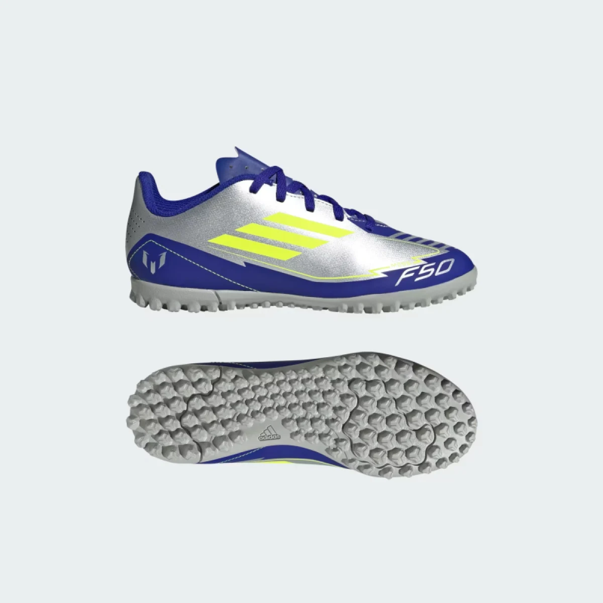 Chlapecké fotbalové kopačky turfy ADIDAS F50 Club Messi Jr TF silver metallic solar yellow lucid blue · záber 4
