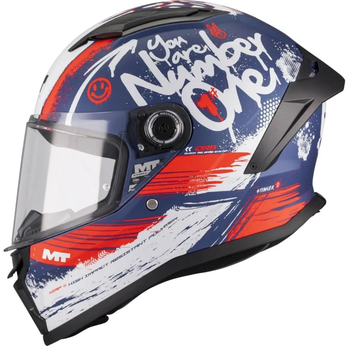 MT Helmets Dětská integrální helma na motorku Stinger 2 Rocket C17 modro-červeno-bílá - Velikost: 51-52 | Barva: Biela · záber 1