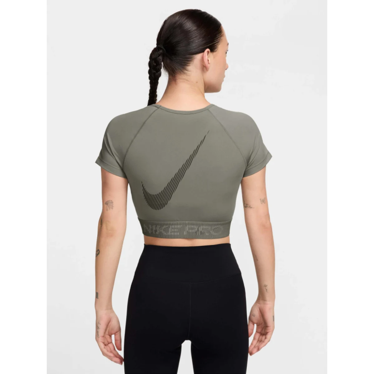 Dámské tréninkové tričko s krátkým rukávem NIKE PRO W NP DF SS CROP TOP TT GX-320-Khaki · záber 3