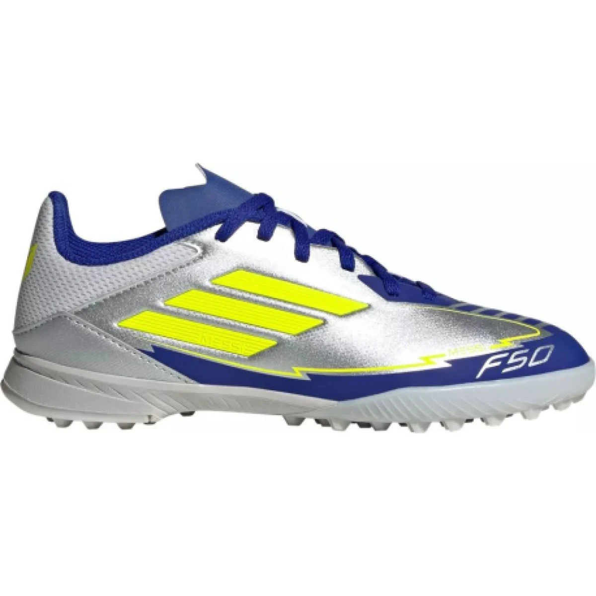Chlapecké fotbalové kopačky turfy ADIDAS F50 League Messi Jr TF silver metallic solar yellow lucid blue · záber 1