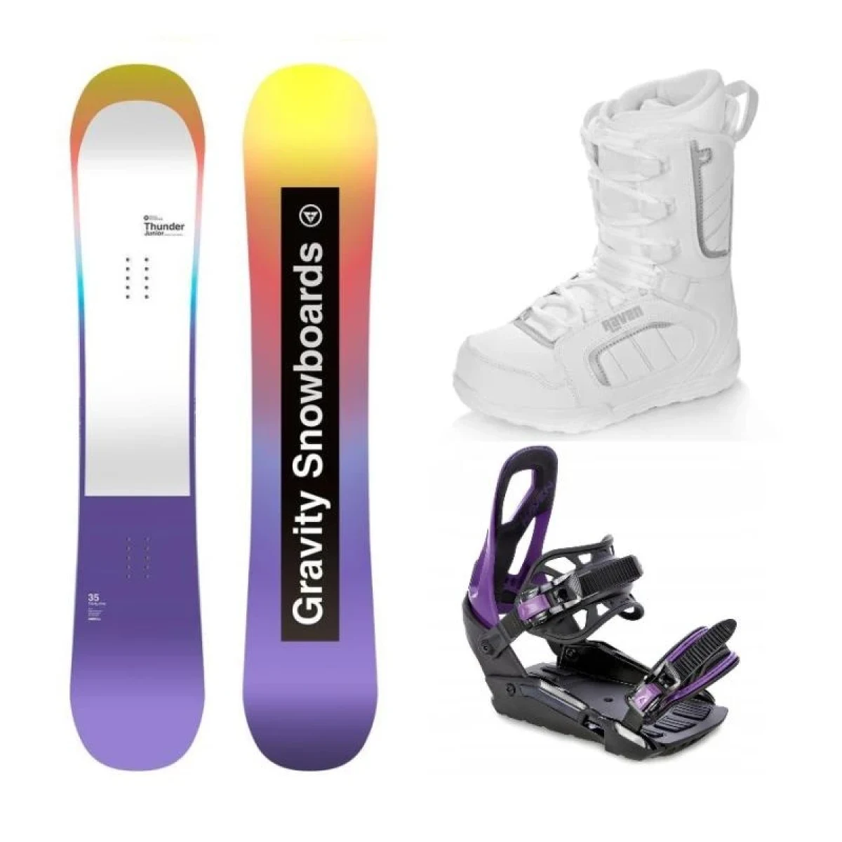 Gravity Thunder Jr snowboard + Raven S230 Black/violet vázání + Raven Pearl white boty · záber 1
