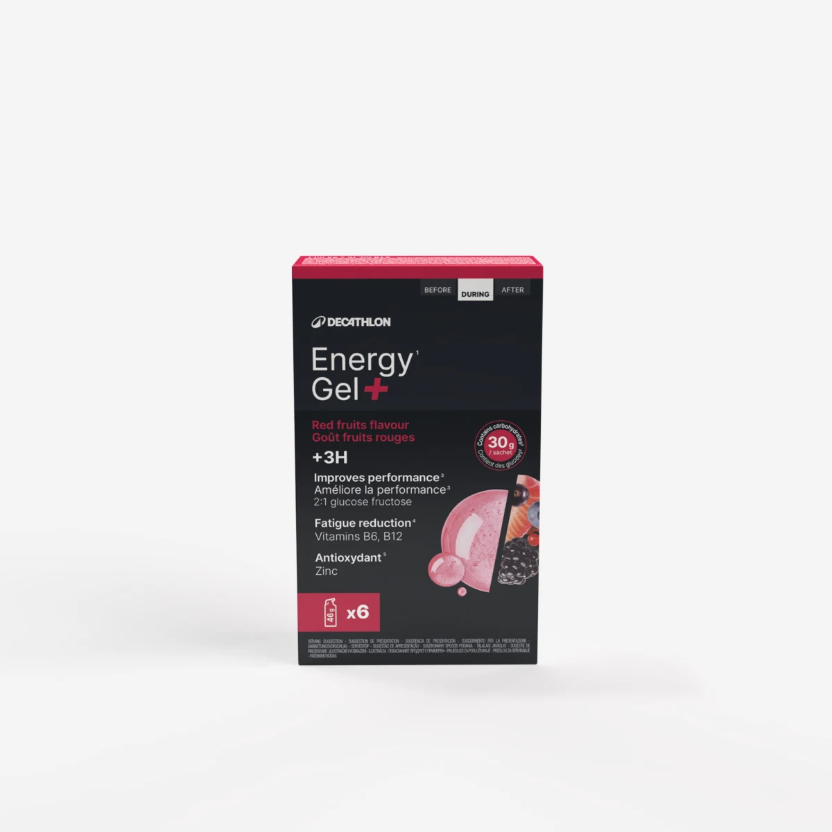 DECATHLON Energetický gél Energy Gel + červené ovocie 6 ks bez · záber 1