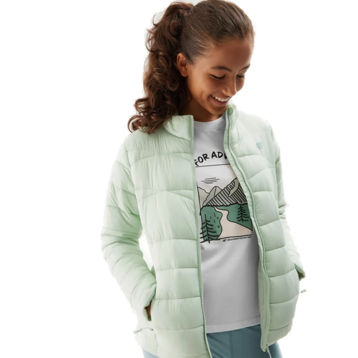 Dívčí bunda 4F JUNIOR DOWN JACKET-JAW23TDJAF219-42S-LIGHT GREEN · záber 2