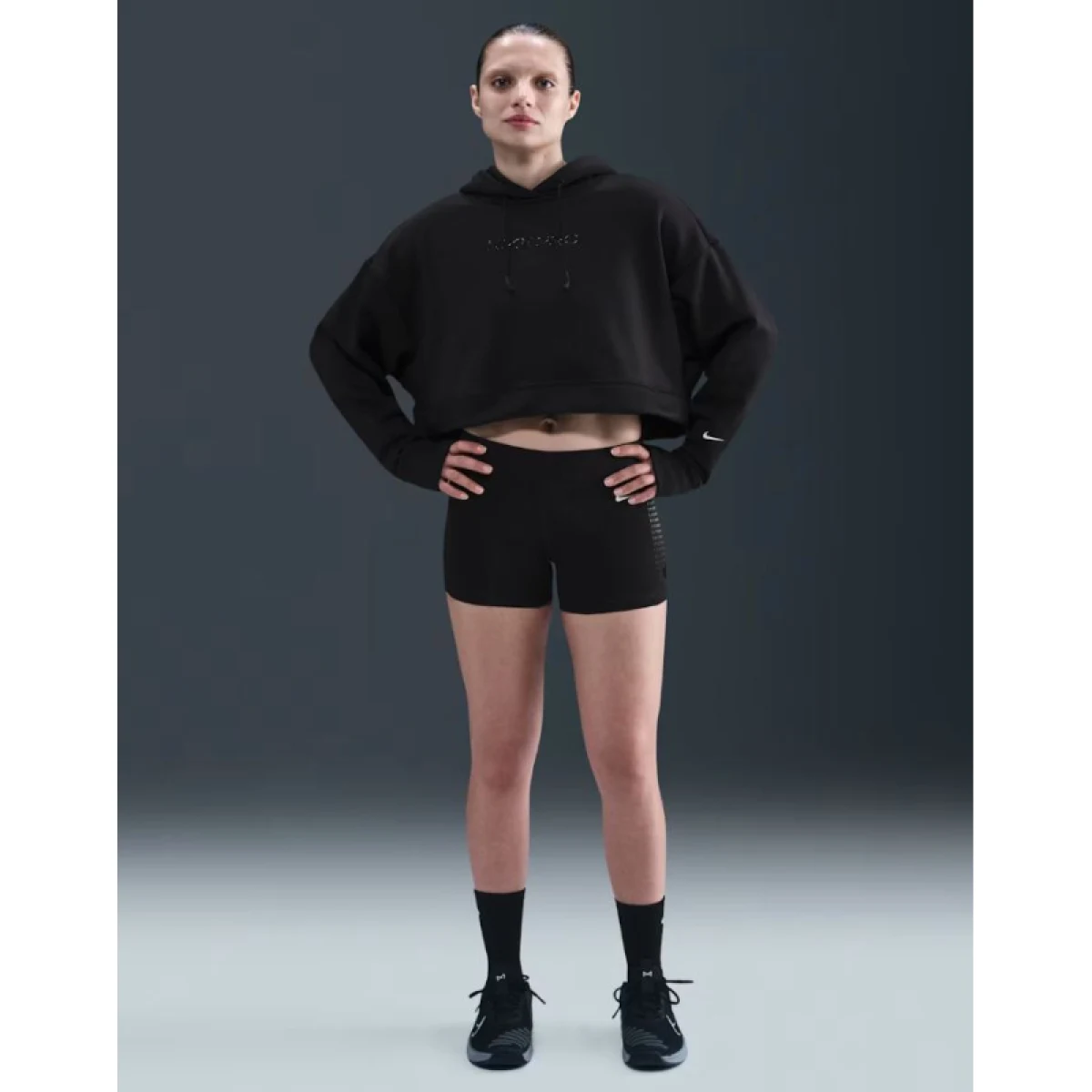 Dámska tréningová mikina s kapucňou NIKE PRO W NP TF FLC HOODIE GG GRX BLACK WHITE · záber 4