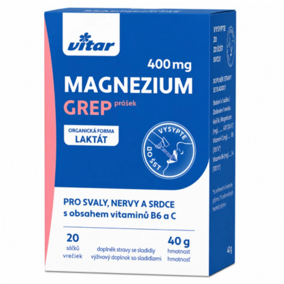 VITAR Magnézium 400 mg + vitamíny B6 a C 20 vrecúšok - Balenie: 0.4 g | Počet kusov: 20 ks · záber 1