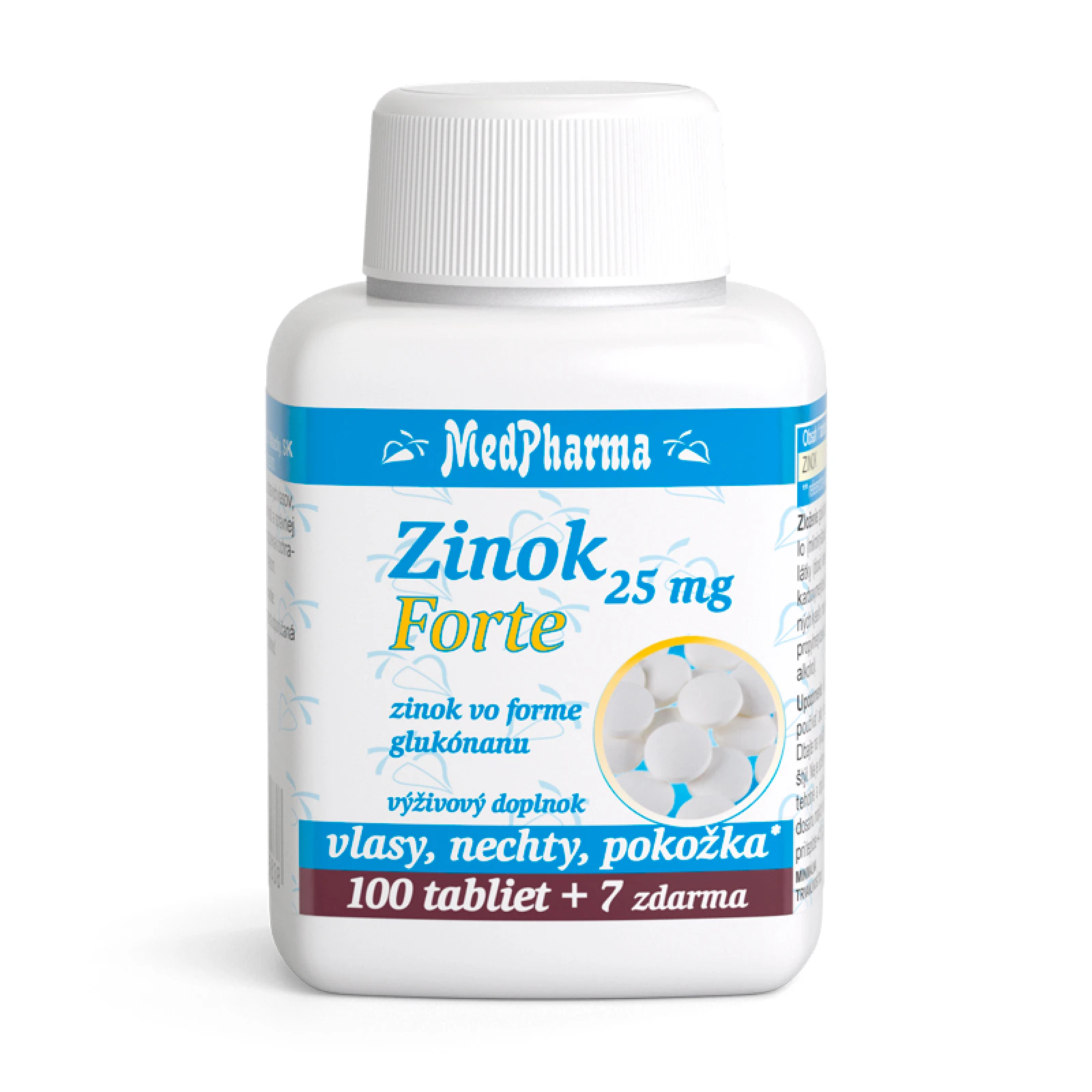 MedPharma ZINOK 25 mg Forte (zinok vo forme glukonátu) tablety 100+7 zadarmo · záber 1