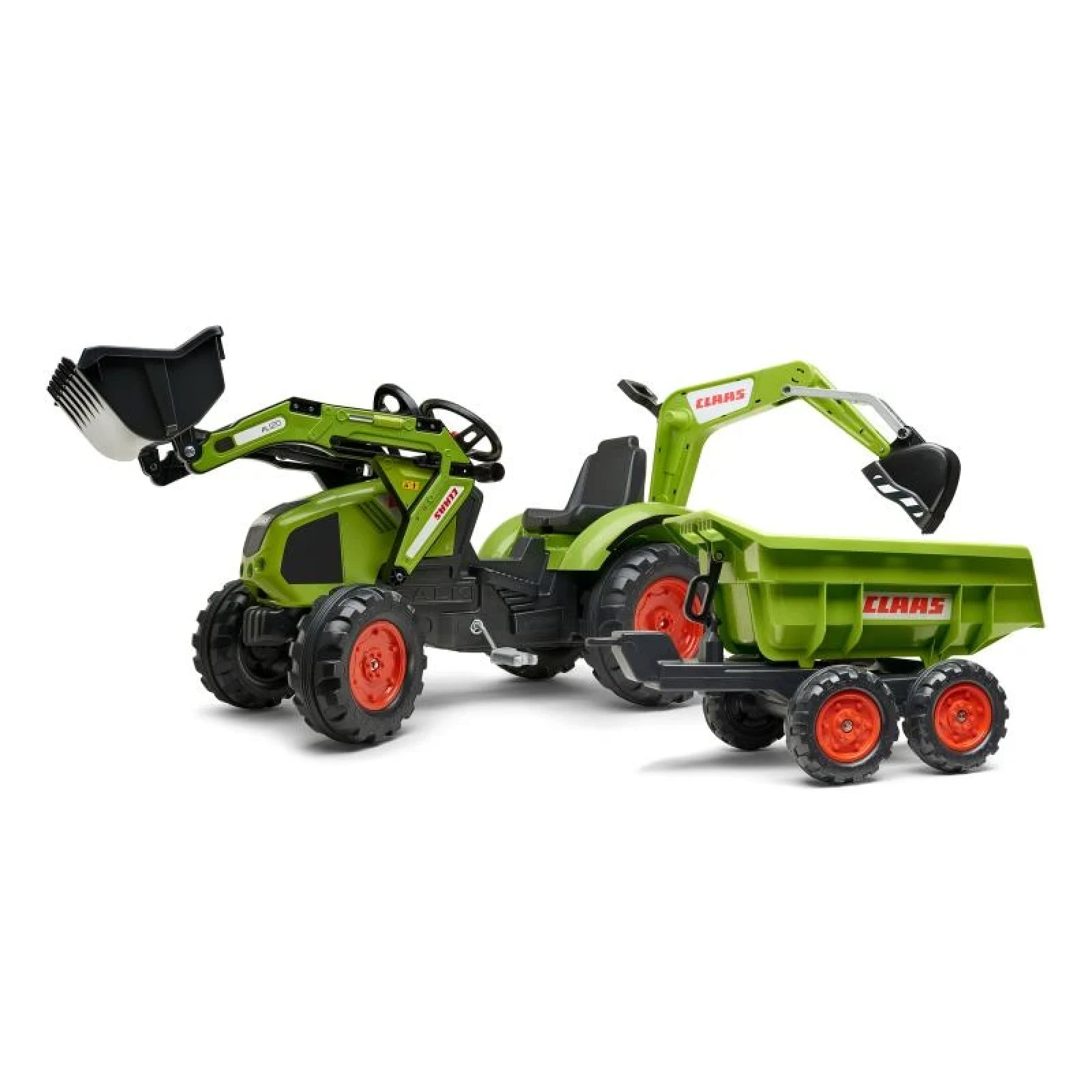 Falk Šlapací traktor 1010W Claas Axos s nakladačem, rypadlem a vlečkou · záber 1