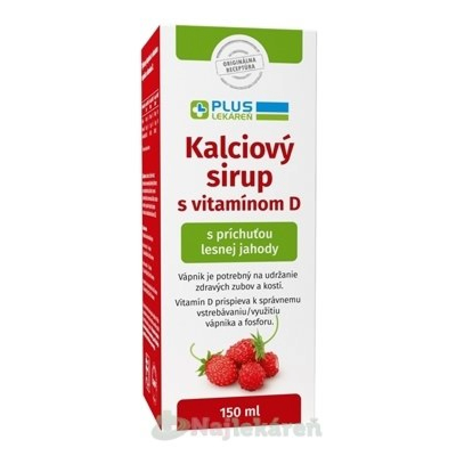 PLUS LEKÁREŇ Kalciový sirup s vitamínom D s príchuťou lesnej jahody 150 ml · záber 1