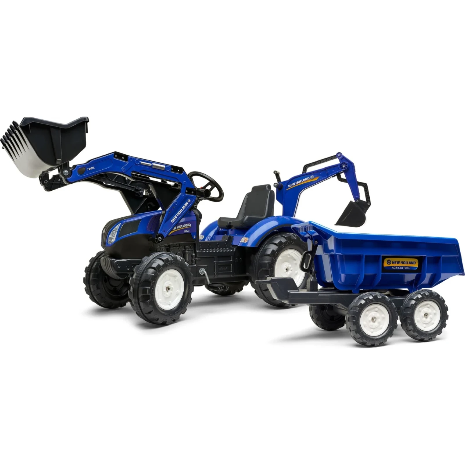 Falk Šlapací traktor 3090W New Holland T8 s nakladačem, rypadlem a maxi vlečkou · záber 1