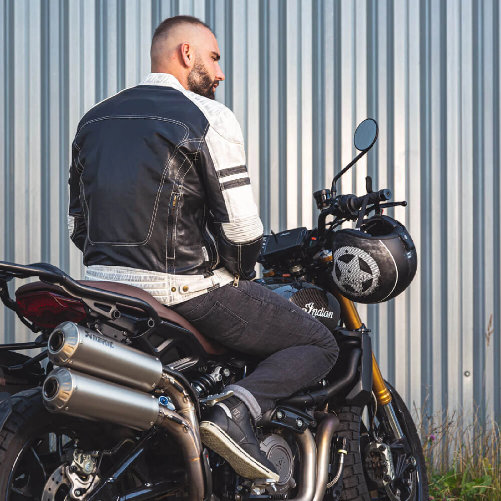 Pánska kožená bunda W-TEC Esbiker Farba čierna s béžovými pruhmi, · záber 5