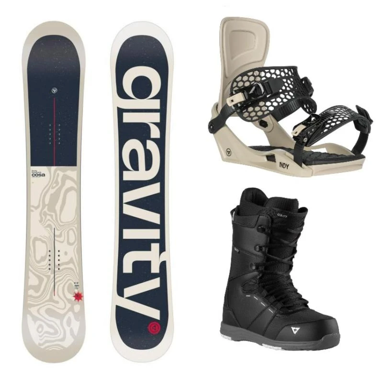 Gravity Cosa 25/26 snowboard + Gravity Indy stone/black vázání + Gravity Void black/grey boty · záber 1