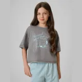 Dívčí loose crop top tričko s potiskem - šedé · záber 1