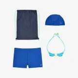 DECATHLON Chlapčenská plavecká súprava 100plavky, okuliare, čiapka, taška – 100 modrá 4-5 r (103-112 cm) · záber 1