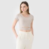 Dámske crop top tričko bez potlače - béžové · záber 1
