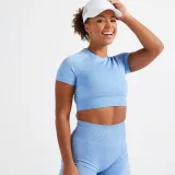 DOMYOS Crop top 900 na fitnes s krátkym rukávom bezšvový modrý XL · záber 1