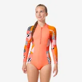 DECATHLON Dievčenské jednodielne plavky Lucy Holy s predným zipsom a dlhými rukávmi oranž. 14-15 r (160-166 cm) · záber 1