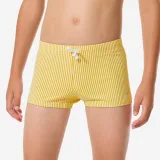 DECATHLON Chlapčenské boxerkové textúrované plavky Fiti pruhované žlté 5-6 r (113-122 cm) · záber 1